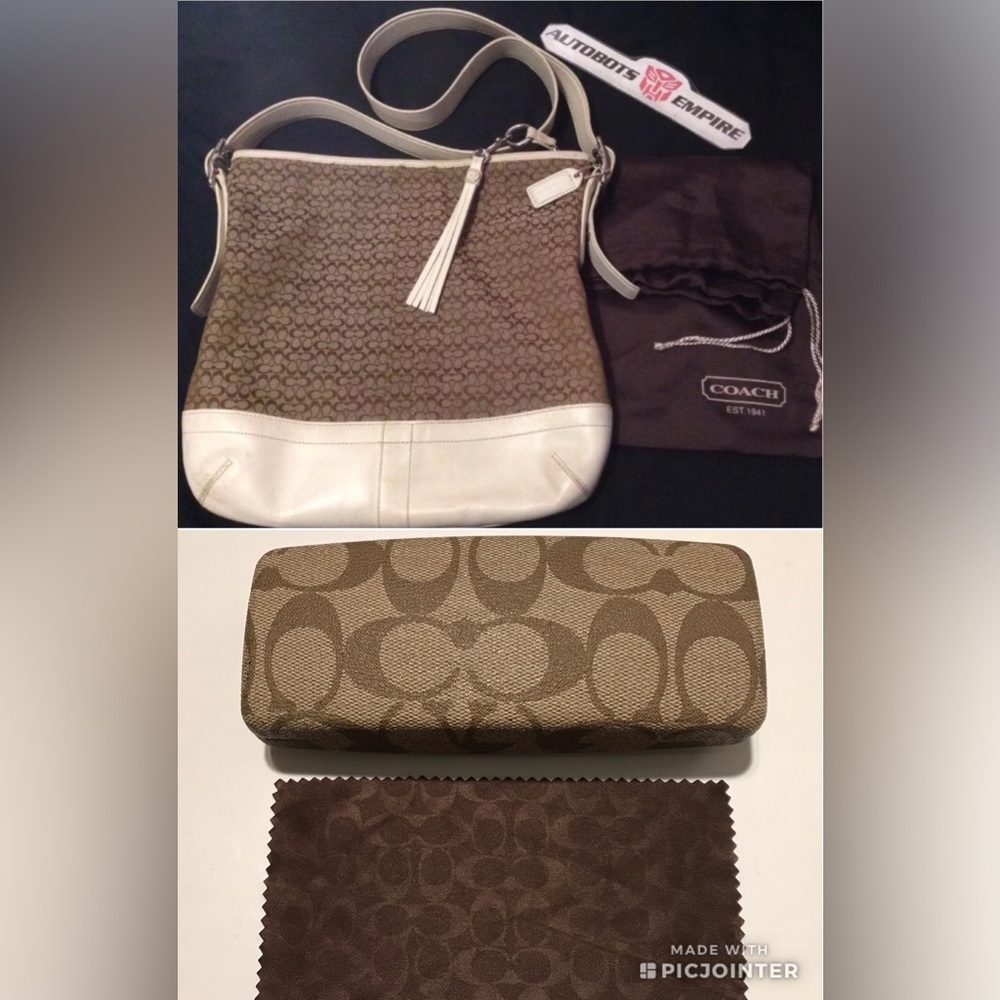 Vintage Coach Womens Leather Brown Canvas Bag Tote Purse & Sunglass Eye Case 1